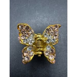 Vintage QS Signed Butterfly Hair Claws Metal Gold Tone Clear Rhinestones